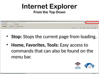 Internet Explorer
From the Top Down
• Stop: Stops the current page from loading.
• Home, Favorites, Tools: Easy access to
commands that can also be found on the
menu bar.
 