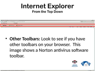 Internet Explorer
From the Top Down
• Other Toolbars: Look to see if you have
other toolbars on your browser. This
image shows a Norton antivirus software
toolbar.
 