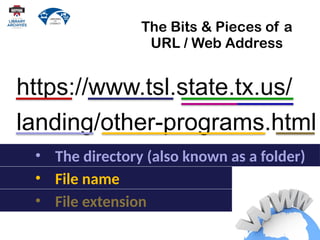 https://www.tsl.state.tx.us/
landing/other-programs.html
The Bits & Pieces of a
URL / Web Address
• File extension
• The directory (also known as a folder)
• File name
 