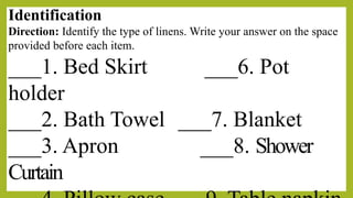 Housekeeping-Classroom Observation- Types of Linens. | PPTX