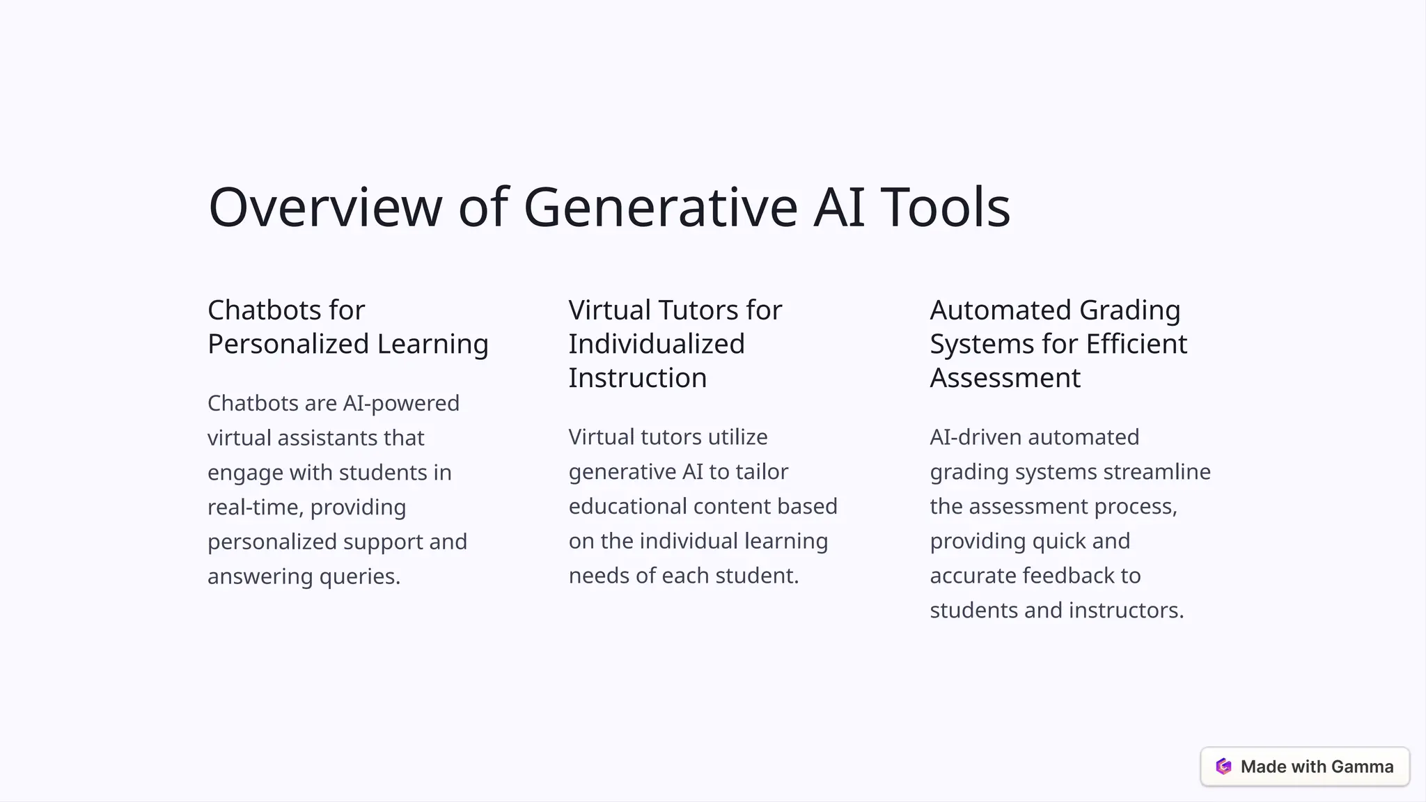 Overview of Generative AI Tools
Chatbots for
Personalized Learning
Chatbots are AI-powered
virtual assistants that
engage with students in
real-time, providing
personalized support and
answering queries.
Virtual Tutors for
Individualized
Instruction
Virtual tutors utilize
generative AI to tailor
educational content based
on the individual learning
needs of each student.
Automated Grading
Systems for Efficient
Assessment
AI-driven automated
grading systems streamline
the assessment process,
providing quick and
accurate feedback to
students and instructors.
 
