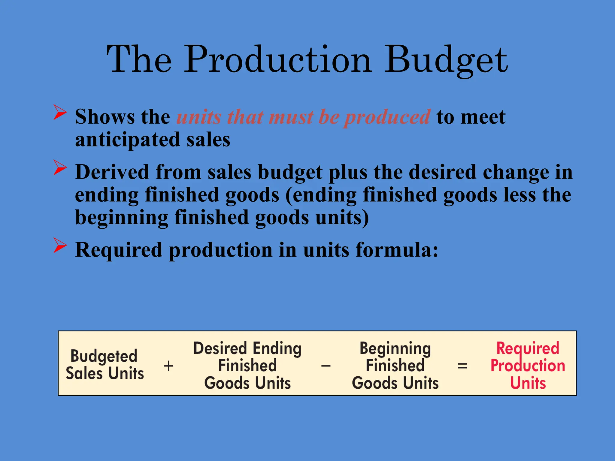  Shows the units that must be produced to meet
anticipated sales
 Derived from sales budget plus the desired change in
ending finished goods (ending finished goods less the
beginning finished goods units)
 Required production in units formula:
The Production Budget
 