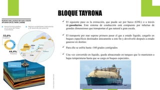 BLOQUE TAYRONA
 El siguiente paso es la extracción, que puede ser por barco (GNL) o a través
de gasoductos. Este sistema de conducción está compuesto por tuberías de
grandes dimensiones que transportan el gas natural a gran escala.
 El transporte por mar supone primero pasar el gas a estado líquido, cargarlo en
buques específicos destinados únicamente a este fin y devolverlo después a estado
gaseoso en destino.
 Para ello se enfría hasta -160 grados centígrados
 Una vez convertido en líquido, queda almacenado en tanques que lo mantienen a
bajas temperaturas hasta que se carga en buques especiales.
 