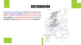 DISTRIBUCIÓN
El uso del gas natural como combustible en los diferentes
sectores, sustituye energéticos como la electricidad, GLP,
ACPM, queroseno, fuel oil, crudos pesados y carbón en el
área industrial; y electricidad, GLP, queroseno en el sector
doméstico y comercial; y gasolina y diesel en el transporte.
 