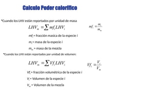 Calculo Poder calorífico
i
i
m LHV
mf
LHV 

i
i
m LHV
Vf
LHV 

mfi = fracción masica de la especie i
mi = masa de la especie i
mm = masa de la mezcla
m
i
i
V
V
Vf 
m
i
i
m
m
mf 
•Cuando los LHV están reportados por unidad de volumen:
•Cuando los LHV están reportados por unidad de masa
Vfi = fracción volumétrica de la especie i
Vi = Volumen de la especie i
Vm = Volumen de la mezcla
 