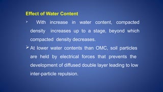 Effect of Water Content
 With increase in water content, compacted
density increases up to a stage, beyond which
compacted density decreases.
 At lower water contents than OMC, soil particles
are held by electrical forces that prevents the
development of diffused double layer leading to low
inter-particle repulsion.
 
