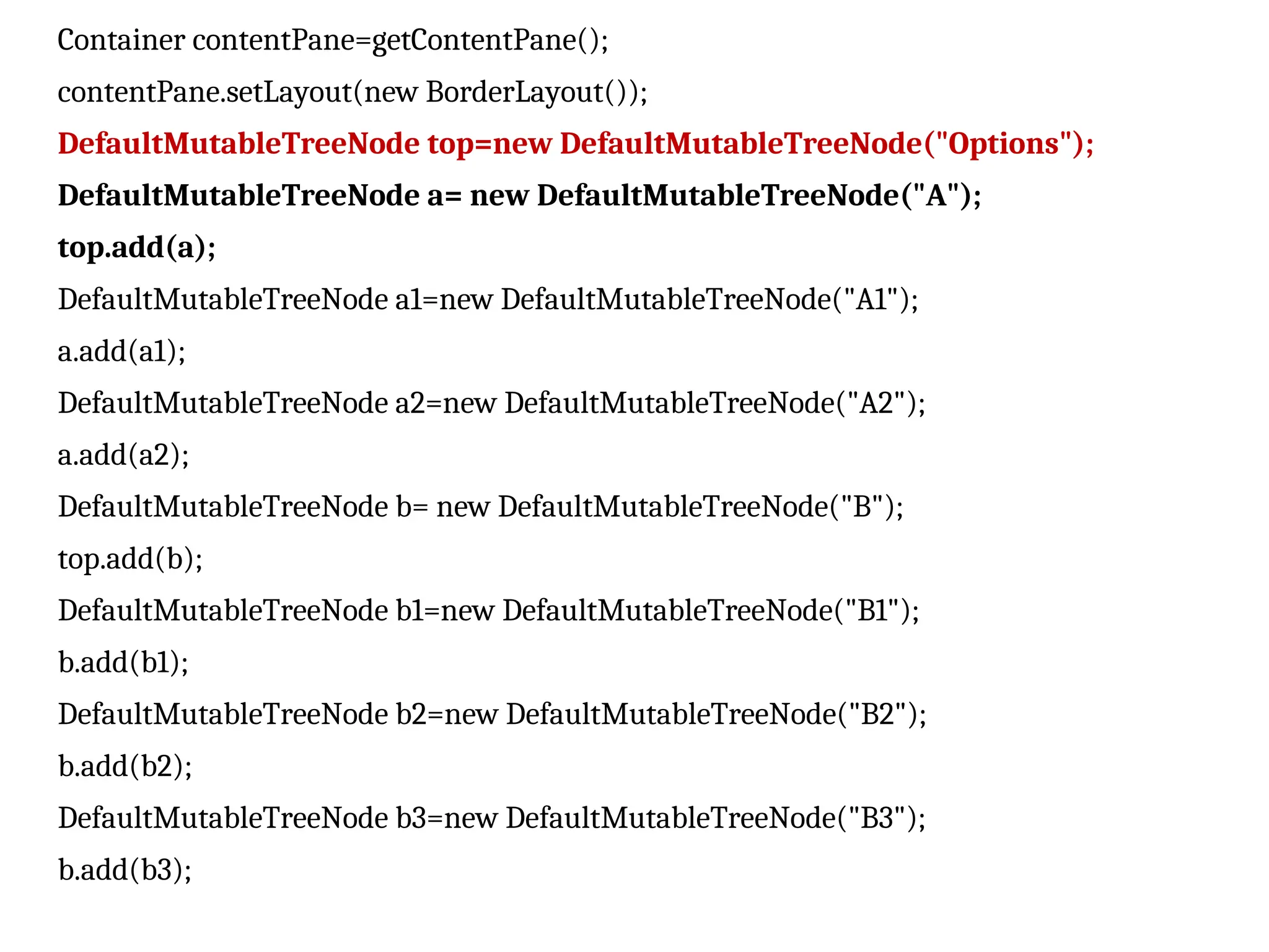 Container contentPane=getContentPane();
contentPane.setLayout(new BorderLayout());
DefaultMutableTreeNode top=new DefaultMutableTreeNode("Options");
DefaultMutableTreeNode a= new DefaultMutableTreeNode("A");
top.add(a);
DefaultMutableTreeNode a1=new DefaultMutableTreeNode("A1");
a.add(a1);
DefaultMutableTreeNode a2=new DefaultMutableTreeNode("A2");
a.add(a2);
DefaultMutableTreeNode b= new DefaultMutableTreeNode("B");
top.add(b);
DefaultMutableTreeNode b1=new DefaultMutableTreeNode("B1");
b.add(b1);
DefaultMutableTreeNode b2=new DefaultMutableTreeNode("B2");
b.add(b2);
DefaultMutableTreeNode b3=new DefaultMutableTreeNode("B3");
b.add(b3);
 