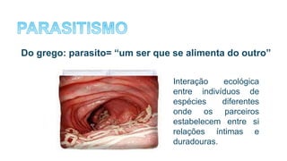 Do grego: parasito= “um ser que se alimenta do outro”
Interação ecológica
entre indivíduos de
espécies diferentes
onde os parceiros
estabelecem entre si
relações íntimas e
duradouras.
 