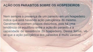 AÇÃO DOS PARASITOS SOBRE OS HOSPEDEIROS
Nem sempre a presença de um parasito em um hospedeiro
indica que está havendo ação patogênica do mesmo.
Geralmente ocorrem poucos distúrbios, pois há uma
tendência de equilíbrio entre a ação do parasito e a
capacidade de resistência do hospedeiro. Dessa forma, vê-
se que a ação patogênica dos parasitos é muito variável
 