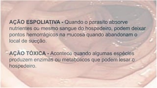 AÇÃO ESPOLIATIVA - Quando o parasito absorve
nutrientes ou mesmo sangue do hospedeiro, podem deixar
pontos hemorrágicos na mucosa quando abandonam o
local de sucção.
AÇÃO TÓXICA - Acontece quando algumas espécies
produzem enzimas ou metabólicos que podem lesar o
hospedeiro.
 