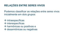 RELAÇÕES ENTRE SERES VIVOS
Podemos classificar as relações entre seres vivos
inicialmente em dois grupos:
 intraespecíficas
 interespecíficas
 harmônicas ou positivas e
 desarmônicas ou negativas
 