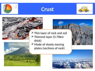 Crust
Thin layer of rock and soil
Thinnest layer (5-70km
thick)
Made of slowly moving
plates (sections of rock)
 