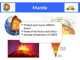 Mantle
Thickest layer (up to 2800km
down)
Made of hot heavy rock (silica)
Average temperature of 1600o
C
 