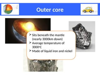 Outer core
Sits beneath the mantle
(nearly 3000km down)
Average temperature of
3000o
C
Made of liquid iron and nickel
 
