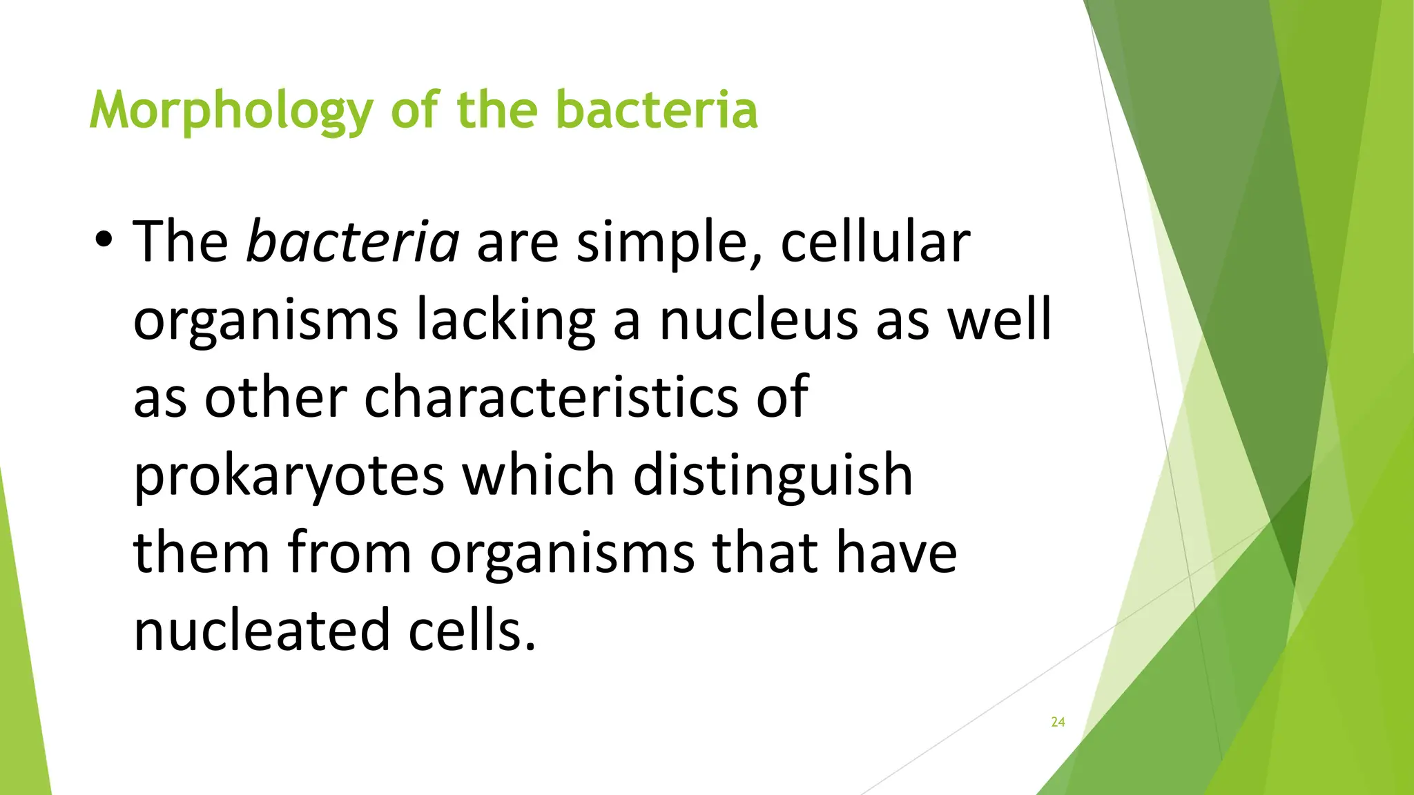 Morphology of the bacteria
• The bacteria are simple, cellular
organisms lacking a nucleus as well
as other characteristics of
prokaryotes which distinguish
them from organisms that have
nucleated cells.
24
 