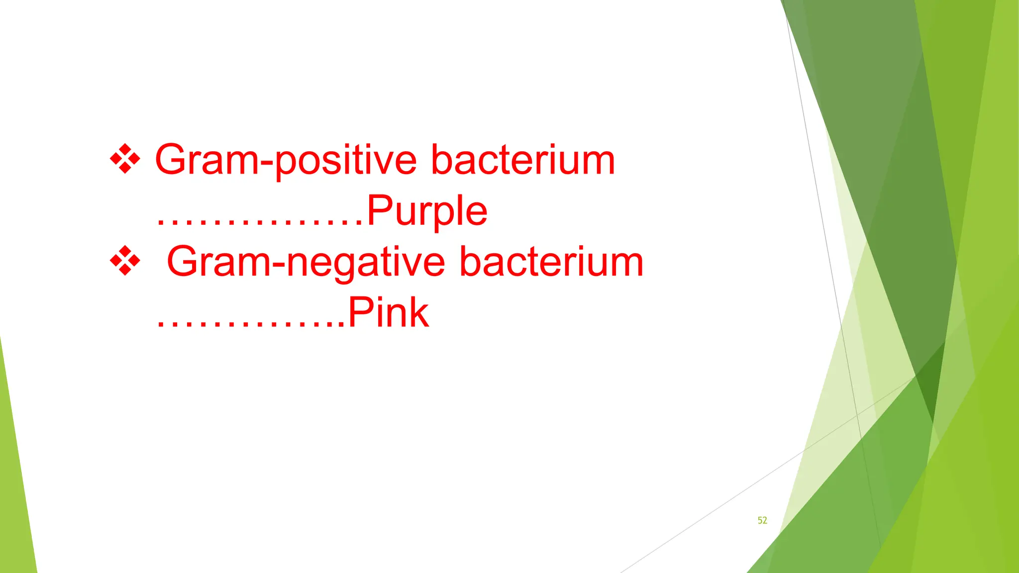  Gram-positive bacterium
……………Purple
 Gram-negative bacterium
…………..Pink
52
 