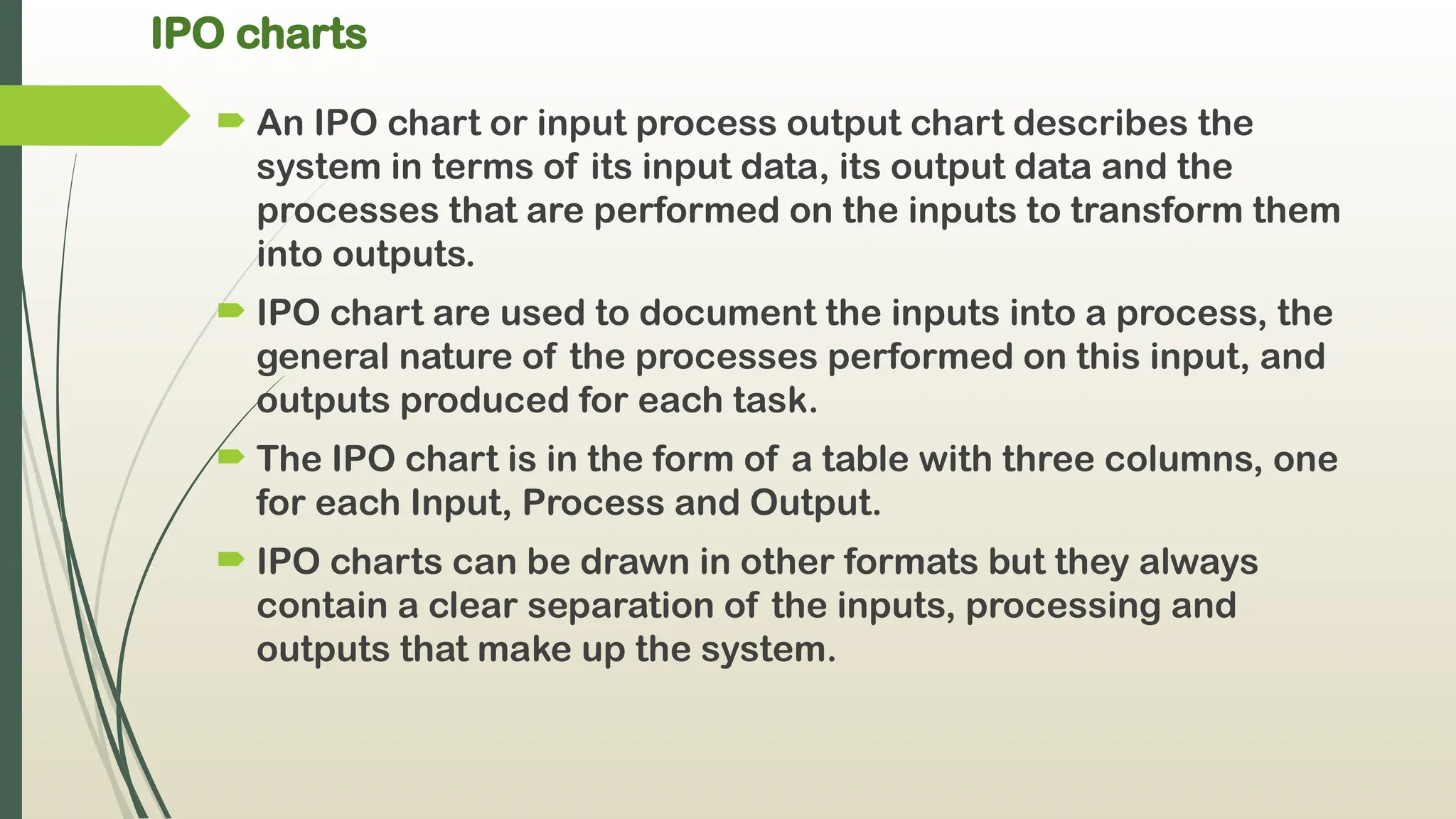 IPO charts
 An IPO chart or input process output chart describes the
system in terms of its input data, its output data and the
processes that are performed on the inputs to transform them
into outputs.
 IPO chart are used to document the inputs into a process, the
general nature of the processes performed on this input, and
outputs produced for each task.
 The IPO chart is in the form of a table with three columns, one
for each Input, Process and Output.
 IPO charts can be drawn in other formats but they always
contain a clear separation of the inputs, processing and
outputs that make up the system.
 