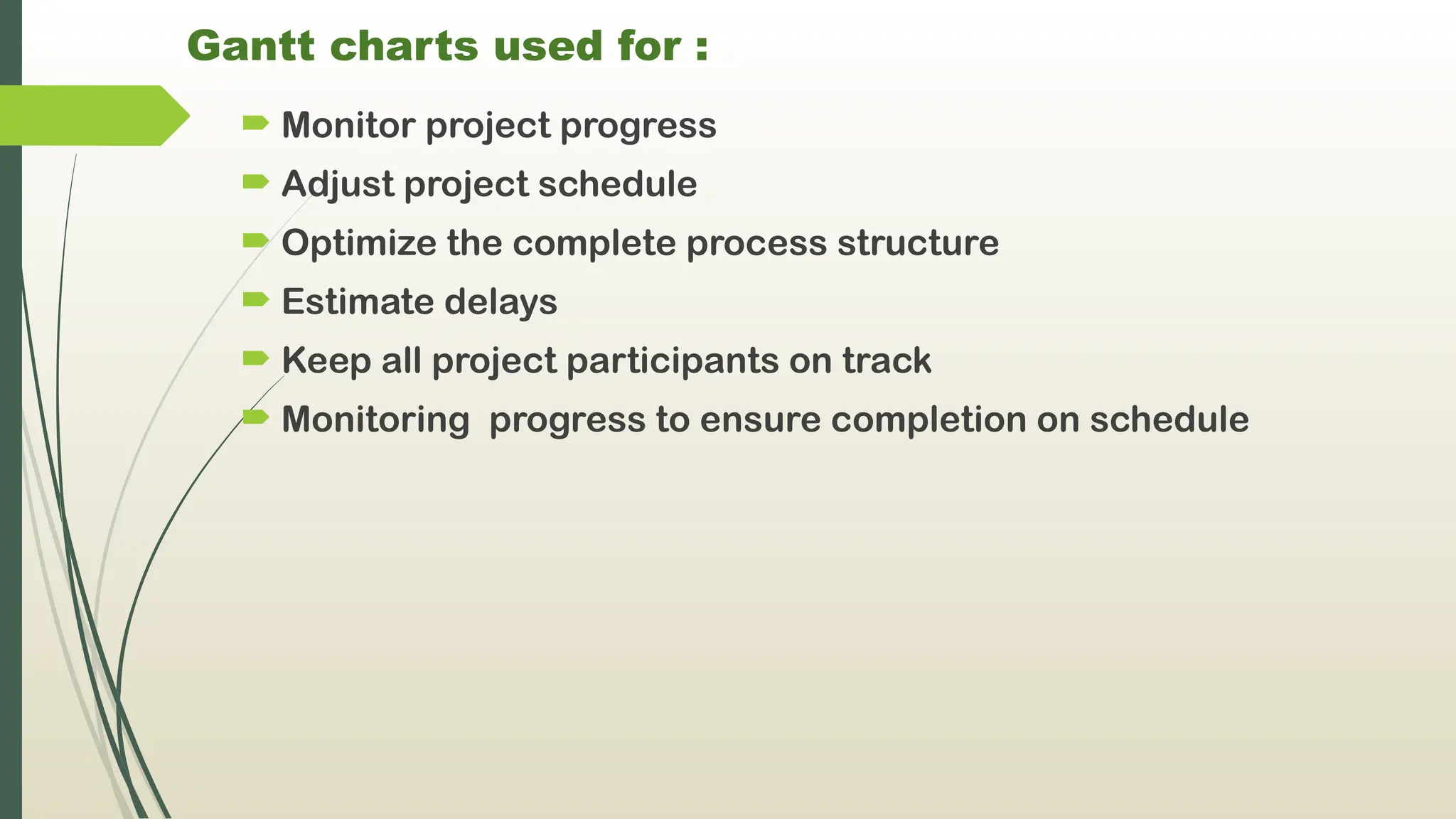 Gantt charts used for :
 Monitor project progress
 Adjust project schedule
 Optimize the complete process structure
 Estimate delays
 Keep all project participants on track
 Monitoring progress to ensure completion on schedule
 