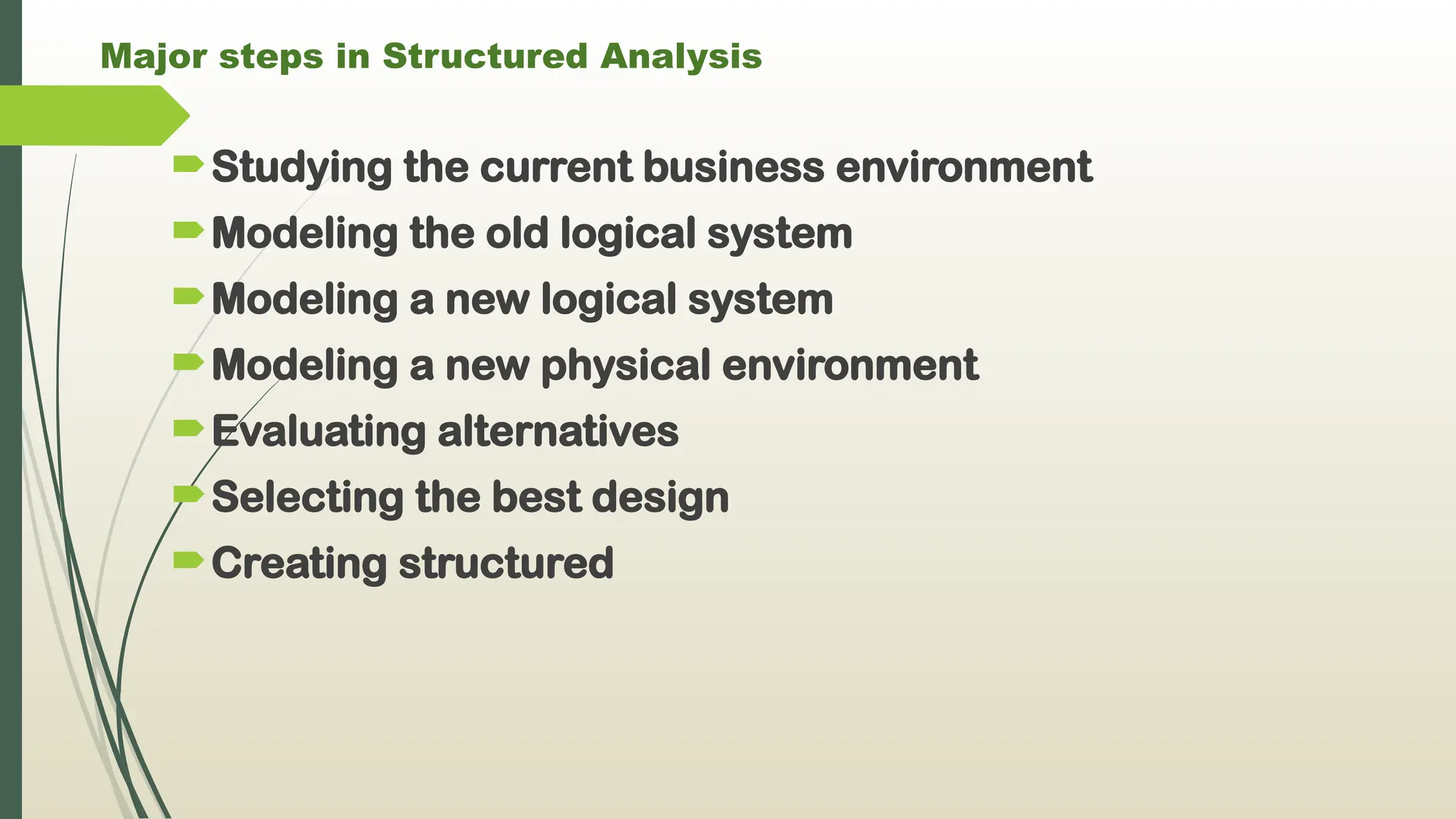 Major steps in Structured Analysis
Studying the current business environment
Modeling the old logical system
Modeling a new logical system
Modeling a new physical environment
Evaluating alternatives
Selecting the best design
Creating structured
 