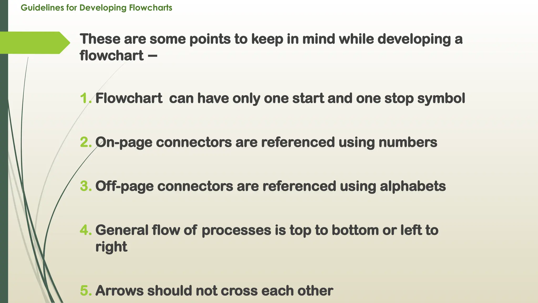 Guidelines for Developing Flowcharts
These are some points to keep in mind while developing a
flowchart −
1. Flowchart can have only one start and one stop symbol
2. On-page connectors are referenced using numbers
3. Off-page connectors are referenced using alphabets
4. General flow of processes is top to bottom or left to
right
5. Arrows should not cross each other
 
