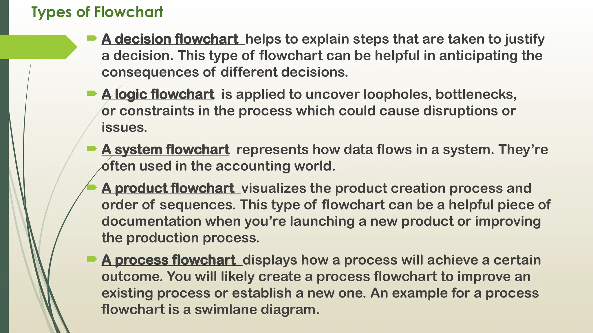 Types of Flowchart
 A decision flowchart helps to explain steps that are taken to justify
a decision. This type of flowchart can be helpful in anticipating the
consequences of different decisions.
 A logic flowchart is applied to uncover loopholes, bottlenecks,
or constraints in the process which could cause disruptions or
issues.
 A system flowchart represents how data flows in a system. They’re
often used in the accounting world.
 A product flowchart visualizes the product creation process and
order of sequences. This type of flowchart can be a helpful piece of
documentation when you’re launching a new product or improving
the production process.
 A process flowchart displays how a process will achieve a certain
outcome. You will likely create a process flowchart to improve an
existing process or establish a new one. An example for a process
flowchart is a swimlane diagram.
 