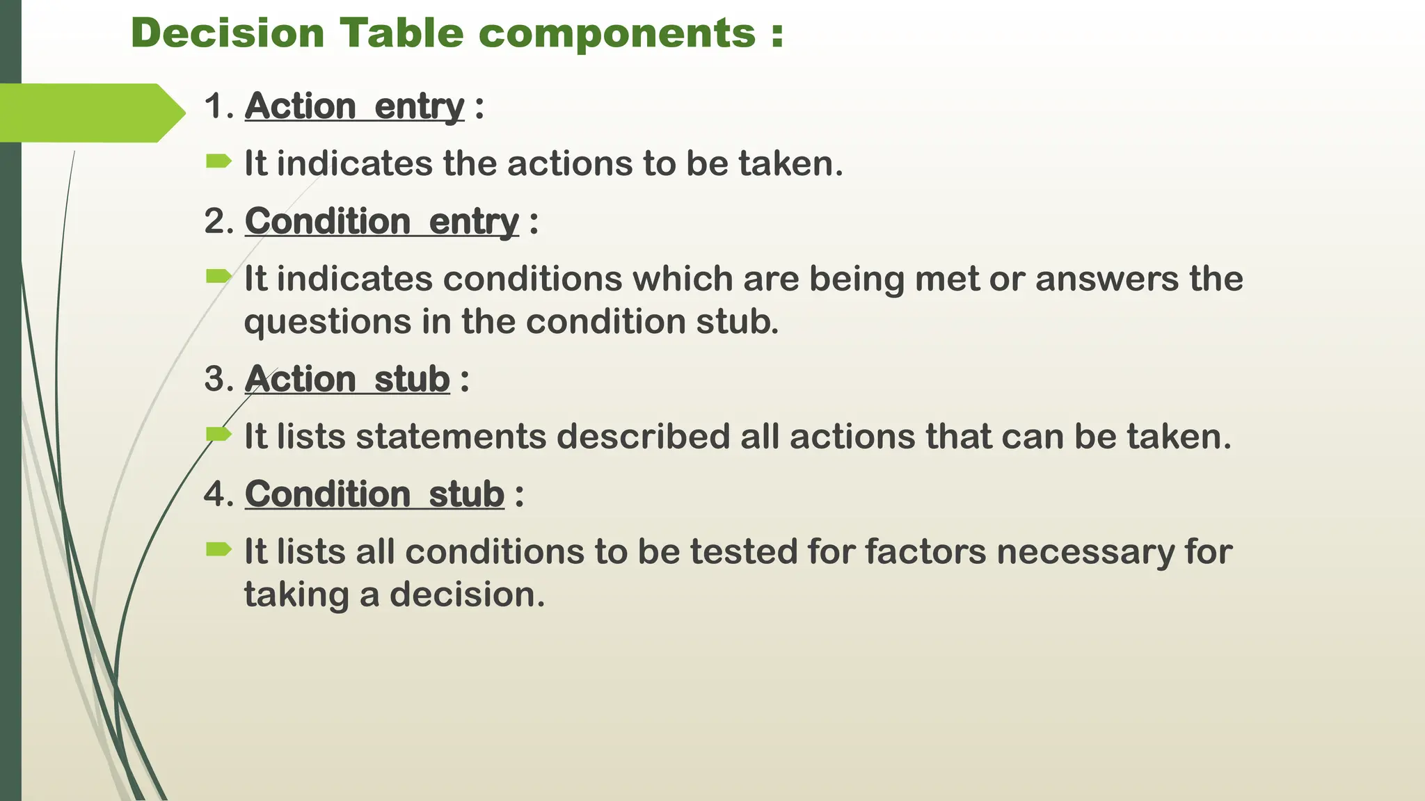 Decision Table components :
1. Action entry :
 It indicates the actions to be taken.
2. Condition entry :
 It indicates conditions which are being met or answers the
questions in the condition stub.
3. Action stub :
 It lists statements described all actions that can be taken.
4. Condition stub :
 It lists all conditions to be tested for factors necessary for
taking a decision.
 