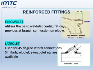 WWW.IMTC.MY
REINFORCED FITTINGS
ELBOWOLET
utilizes the basic weldolet configuration,
provides at branch connection on elbow.
LATROLET
Used for 45 degree lateral connections.
Similarly, elbolet, sweepolet etc are
available
 