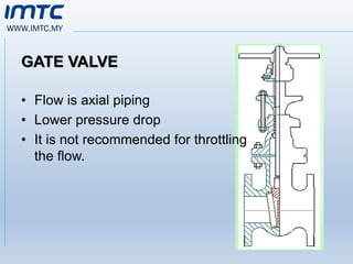 WWW.IMTC.MY
GATE VALVE
• Flow is axial piping
• Lower pressure drop
• It is not recommended for throttling
the flow.
 
