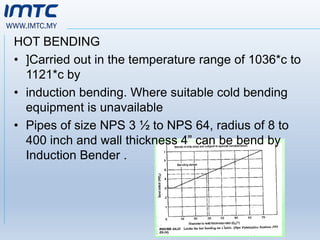 WWW.IMTC.MY
HOT BENDING
• ]Carried out in the temperature range of 1036*c to
1121*c by
• induction bending. Where suitable cold bending
equipment is unavailable
• Pipes of size NPS 3 ½ to NPS 64, radius of 8 to
400 inch and wall thickness 4” can be bend by
Induction Bender .
 