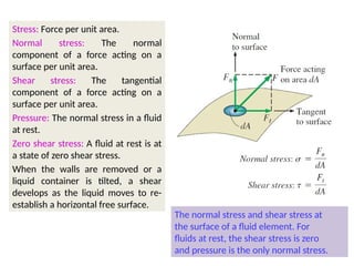 Stress: Force per unit area.
Normal stress: The normal
component of a force acting on a
surface per unit area.
Shear stress: The tangential
component of a force acting on a
surface per unit area.
Pressure: The normal stress in a fluid
at rest.
Zero shear stress: A fluid at rest is at
a state of zero shear stress.
When the walls are removed or a
liquid container is tilted, a shear
develops as the liquid moves to re-
establish a horizontal free surface.
The normal stress and shear stress at
the surface of a fluid element. For
fluids at rest, the shear stress is zero
and pressure is the only normal stress.
 