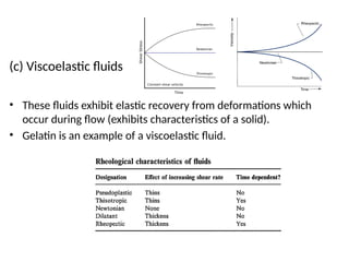 (c) Viscoelastic fluids
• These fluids exhibit elastic recovery from deformations which
occur during flow (exhibits characteristics of a solid).
• Gelatin is an example of a viscoelastic fluid.
 