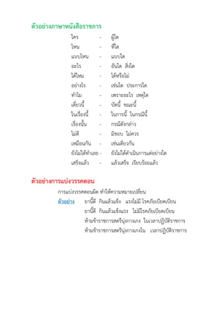 ตัวอย่างภาษาหนังสือราชการ
ใคร - ผู้ใด
ไหน - ที่ใด
แบบไหน - แบบใด
อะไร - อันใด สิ่งใด
ได้ไหม - ได้หรือไม่
อย่างไร - เช่นใด ประการใด
ทาไม - เพราะอะไร เหตุใด
เดี๋ยวนี้ - บัดนี้ ขณะนี้
ในเรื่องนี้ - ในการนี้ ในกรณีนี้
เรื่องนั้น - กรณีดังกล่าว
ไม่ดี - มิชอบ ไม่ควร
เหมือนกัน - เช่นเดียวกัน
ยังไม่ได้ทาเลย - ยังไม่ได้ดาเนินการแต่อย่างใด
เสร็จแล้ว - แล้วเสร็จ เรียบร้อยแล้ว
ตัวอย่างการแบ่งวรรคตอน
การแบ่งวรรคตอนผิด ทาให้ความหมายเปลี่ยน
ตัวอย่าง ยานี้ดี กินแล้วแข็ง แรงไม่มี โรคภัยเบียดเบียน
ยานี้ดี กินแล้วแข็งแรง ไม่มีโรคภัยเบียดเบียน
ห้ามข้าราชการสตรีนุ่งกางเกง ในเวลาปฏิบัติราชการ
ห้ามข้าราชการสตรีนุ่งกางเกงใน เวลาปฏิบัติราชการ
 