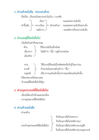 1. ส่วนหัวหนังสือ ประกอบด้วย
- ชื่อเรื่อง เป็นประโยคบอกเล่าไม่เกิน 1 บรรทัด
เรียน - ขอแสดงความนับถือ
- คาขึ้นต้น กราบเรียน (คาลงท้าย) - ขอแสดงความนับถืออย่างยิ่ง
นมัสการ - ขอนมัสการด้วยความนับถือ
2. ส่วนเหตุที่มีหนังสือไป
- เริ่มต้นด้วยคาที่เหมาะสม
ด้วย ใช้ในกรณีเป็นเรื่องใหม่
เนื่องจาก ไม่มีคาว่า “นั้น” อยู่ท้ายประโยค
เนื่องด้วย
ตาม ใช้ในกรณีที่เคยมีเรื่องติดต่อหรือรับรู้กันมาก่อน
ตามที่ ท้ายประโยคตามด้วยคาว่า “นั้น”
อนุสนธิ หรือ ความแจ้งแล้วนั้น/ความละเอียดแจ้งแล้วนั้น
- ใช้สรรพนามให้เหมาะสม
- อ้างเหตุที่มีหนังสือไปให้ถูก
3. ส่วนจุดประสงค์ที่มีหนังสือไป
- เขียนให้ตรงกับลักษณะของเรื่อง
- ความมุ่งหมายที่มีหนังสือไป
4. ส่วนท้ายหนังสือ
- คาลงท้าย
จึงเรียนมาเพื่อโปรดทราบ
จึงเรียนมาเพื่อโปรดพิจารณา
- ตรงกับจุดประสงค์ที่มีหนังสือไป จึงเรียนมาเพื่อโปรดพิจาณาอนุมัติ
จึงเรียนมาเพื่อโปรดพิจารณาอนุเคราะห์
 
