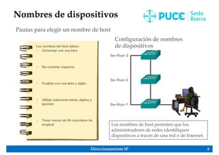 Direccionamiento IP 3
Nombres de dispositivos
Pautas para elegir un nombre de host
Configuración de nombres
de dispositivos
Los nombres de host permiten que los
administradores de redes identifiquen
dispositivos a través de una red o de Internet.
 