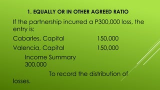 1. EQUALLY OR IN OTHER AGREED RATIO
If the partnership incurred a P300,000 loss, the
entry is:
Cabarles, Capital 150,000
Valencia, Capital 150,000
Income Summary
300,000
To record the distribution of
losses.
 