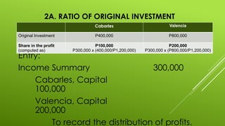 2A. RATIO OF ORIGINAL INVESTMENT
Entry:
Income Summary 300,000
Cabarles, Capital
100,000
Valencia, Capital
200,000
To record the distribution of profits.
Cabarles Valencia
Original Investment P400,000 P800,000
Share in the profit
(computed as)
P100,000
P300,000 x (400,000/P1,200,000)
P200,000
P300,000 x (P800,000/P1,200,000)
 
