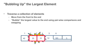 "Bubbling Up" the Largest Element
• Traverse a collection of elements
– Move from the front to the end
– “Bubble” the largest value to the end using pair-wise comparisons and
swapping
5
12
42 101
1 2 3 4 5 6
77 Swap35
35 77
15
 