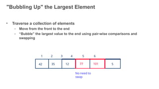 "Bubbling Up" the Largest Element
17
• Traverse a collection of elements
– Move from the front to the end
– “Bubble” the largest value to the end using pair-wise comparisons and
swapping
42 35 12 77 101 5
1 2 3 4 5 6
No need to
swap
 