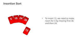 Insertion Sort
• To insert 12, we need to make
room for it by moving first 36
and then 24.
23
 