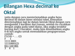 Bilangan Hexa decimal ke
Oktal
yaitu dengan cara menterjemahkan angka hexa
decimal ke dalam biner melalui tabel, kemudian
diterjemahkan lagi ke dalam bentuk Oktal dengan cara
mengambil 3 karakter dari kanan, setelah itu cocokkan
dengan angka pada tabel diatas. Jika angka terakhir
kurang dari 3 karakter, maka bisa ditambahkan angka
0 di kiri angka untuk memudahkan pengoperasian.
contoh:
F1(16) = . . . (2)
F 1
1111 0001
11110001(2)
011 110 001
3 6 1
 