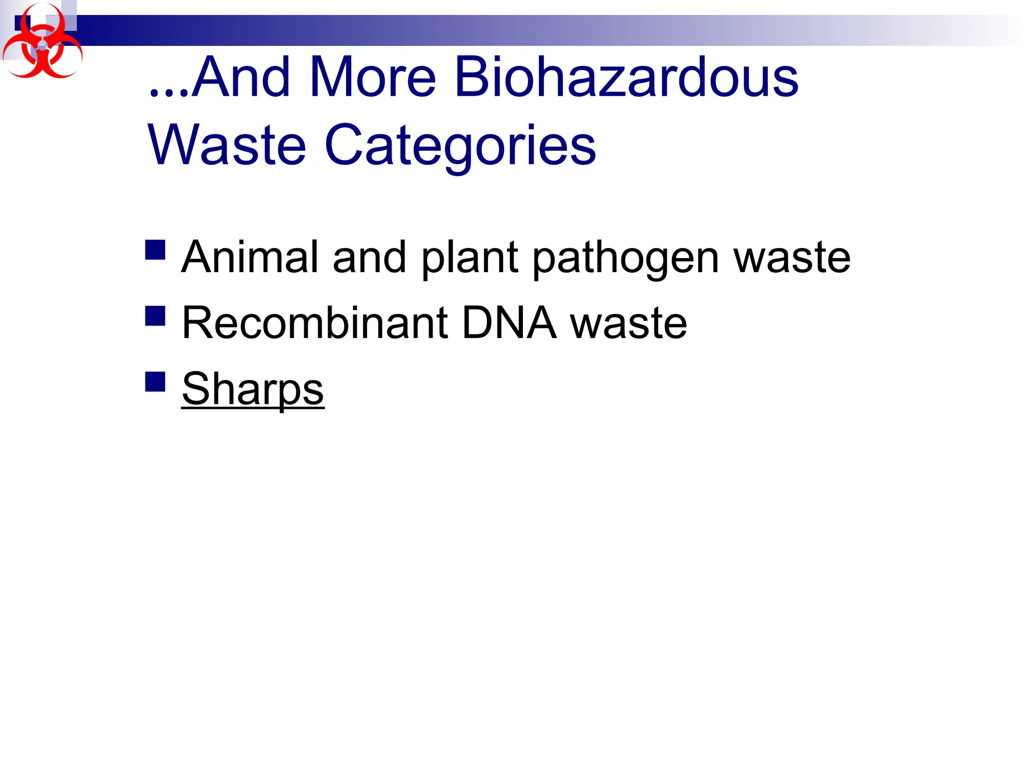 …And More Biohazardous
Waste Categories
 Animal and plant pathogen waste
 Recombinant DNA waste
 Sharps
 