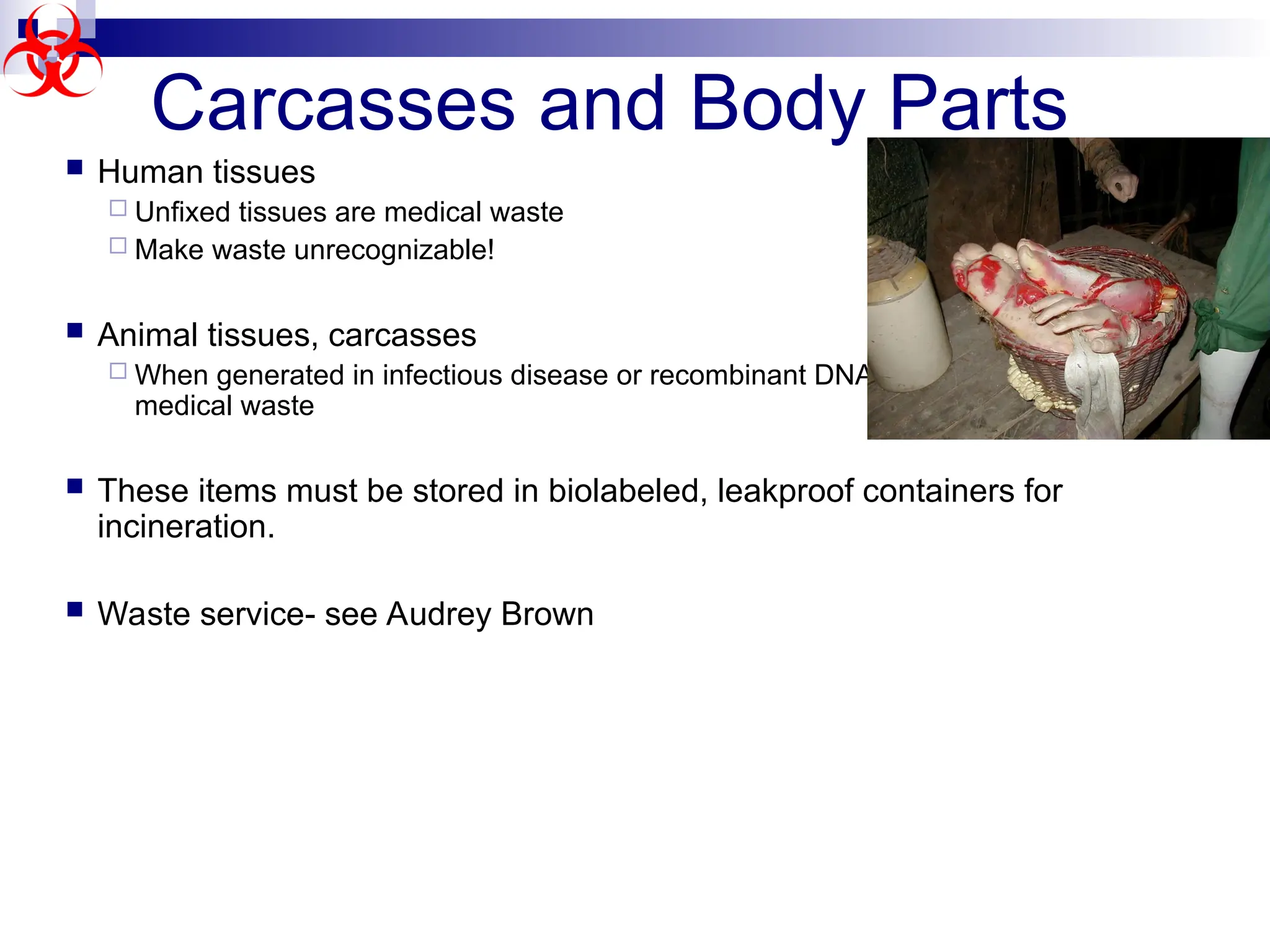 Carcasses and Body Parts
 Human tissues
 Unfixed tissues are medical waste
 Make waste unrecognizable!
 Animal tissues, carcasses
 When generated in infectious disease or recombinant DNA research, these are
medical waste
 These items must be stored in biolabeled, leakproof containers for
incineration.
 Waste service- see Audrey Brown
 