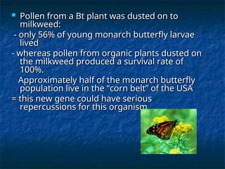  Pollen from a Bt plant was dusted on to
Pollen from a Bt plant was dusted on to
milkweed:
milkweed:
- only 56% of young monarch butterfly larvae
- only 56% of young monarch butterfly larvae
lived
lived
- whereas pollen from organic plants dusted on
- whereas pollen from organic plants dusted on
the milkweed produced a survival rate of
the milkweed produced a survival rate of
100%.
100%.
Approximately half of the monarch butterfly
Approximately half of the monarch butterfly
population live in the “corn belt” of the USA
population live in the “corn belt” of the USA
= this new gene could have serious
= this new gene could have serious
repercussions for this organism
repercussions for this organism
 