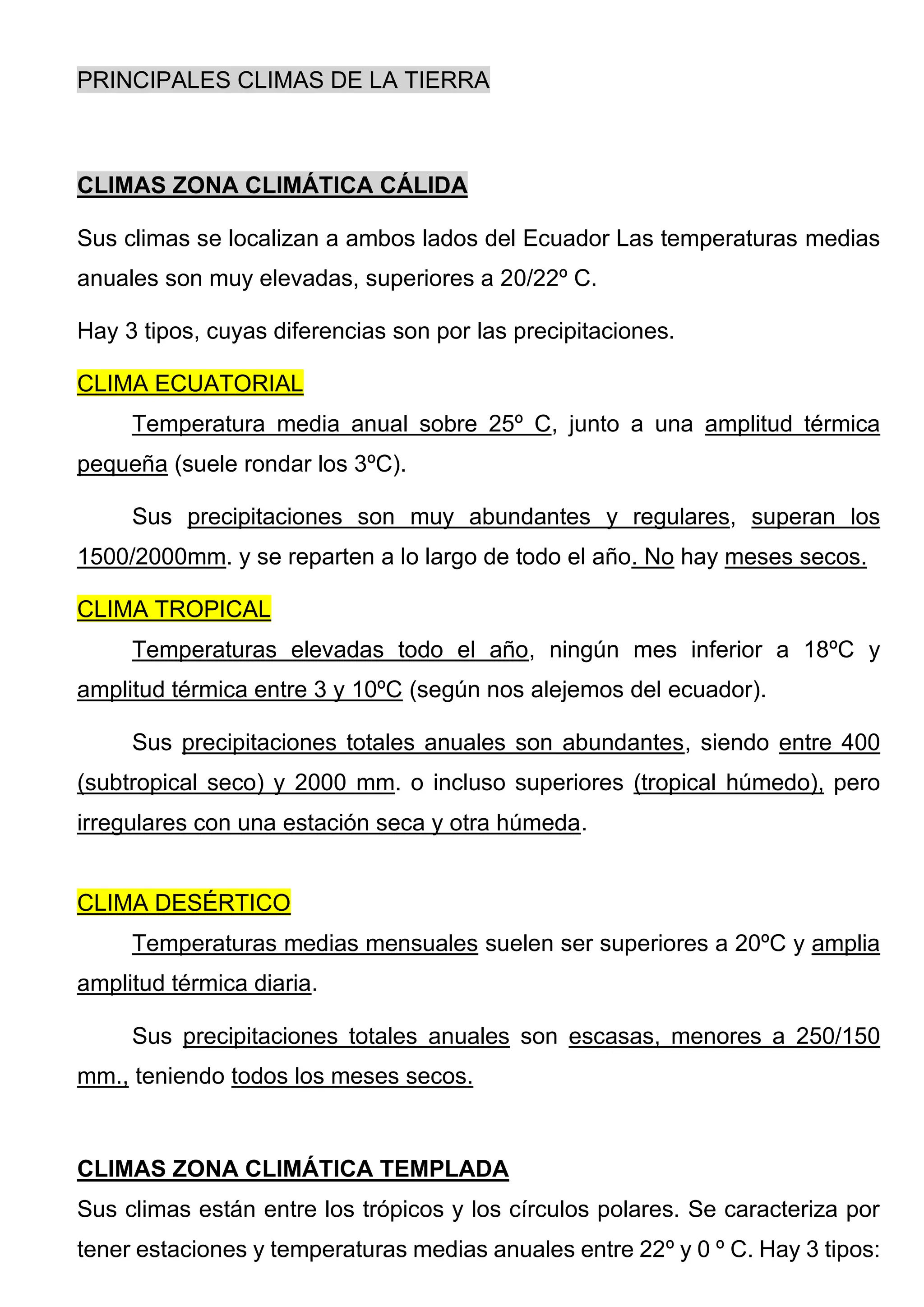 APUNTES DE LOS PRINCIPALES CLIMAS DE LA TIERRA Y SUS RASGOS BÁSICOS | PDF