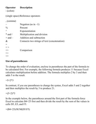 Operator Description
: (colon)
(single space)
, (comma)
Reference operators
– Negation (as in –1)
% Percent
^ Exponentiation
* and / Multiplication and division
+ and – Addition and subtraction
& Connects two strings of text (concatenation)
=
< >
<=
>=
<>
Comparison
Use of parentheses
To change the order of evaluation, enclose in parentheses the part of the formula to
be calculated first. For example, the following formula produces 11 because Excel
calculates multiplication before addition. The formula multiplies 2 by 3 and then
adds 5 to the result.
=5+2*3
In contrast, if you use parentheses to change the syntax, Excel adds 5 and 2 together
and then multiplies the result by 3 to produce 21.
=(5+2)*3
In the example below, the parentheses around the first part of the formula force
Excel to calculate B4+25 first and then divide the result by the sum of the values in
cells D5, E5, and F5.
=(B4+25)/SUM(D5:F5)
 