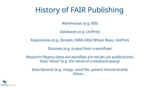 History of FAIR Publishing
Warehouses (e.g. EBI)
Databases (e.g. UniProt)
Repositories (e.g. Zenodo, INRA-URGI Wheat Repo, UniProt)
Datasets (e.g. output from a workflow)
Research Objects (data a/o workflow a/o results a/o publications)
Data “slices” (e.g. the result of a database query)
Data Records (e.g. image, excel file, patient clinical record)
Other…
 