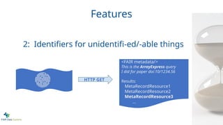 Features
<FAIR metadata/>
This is the ArrayExpress query
I did for paper doi:10/1234.56
Results:
MetaRecordResource1
MetaRecordResource2
MetaRecordResource3
...
HTTP GET
2: Identifiers for unidentifi-ed/-able things
 
