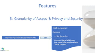 Features
<FAIR metadata/>
Contains
<<184 Records>>
Contact Mark Wilkinson
For more information about
These records
GET
http://my.repository.org/mydataset/ABC
5: Granularity of Access & Privacy and Security
 