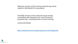 https://creativecommons.org/licenses/by-nc-nd/4.0/legalcode
Electronic versions of this training material may not be
copied or distributed for any purpose.
Print/PDF versions of this material may be shared,
unmodified, with attribution, for non-commercial
purposes only - including further in-house training.
License text below:
 