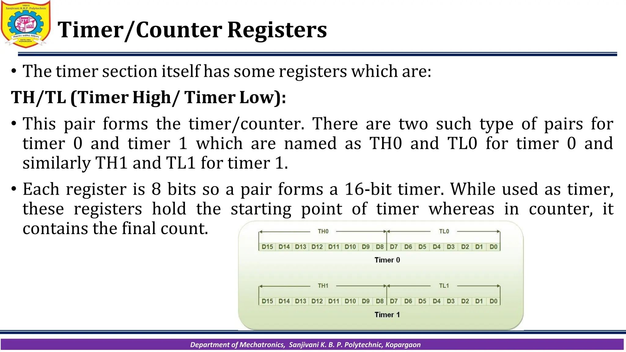 Department of Mechatronics, Sanjivani K. B. P. Polytechnic, Kopargaon
Timer/Counter Registers
• The timer section itself has some registers which are:
TH/TL (Timer High/ Timer Low):
• This pair forms the timer/counter. There are two such type of pairs for
timer 0 and timer 1 which are named as TH0 and TL0 for timer 0 and
similarly TH1 and TL1 for timer 1.
• Each register is 8 bits so a pair forms a 16-bit timer. While used as timer,
these registers hold the starting point of timer whereas in counter, it
contains the final count.
 